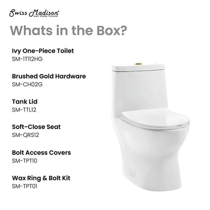 Swiss Madison Ivy One Piece Toilet Dual Vortex™ Flush, Brushed Gold Hardware 1.1/1.6 gpf