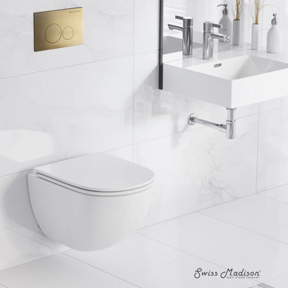 Swiss Madison St. Tropez Wall-Hung Toilet Bundle 0.8/1.6 GPF Dual Flush in Glossy White with Brass Flush Plate