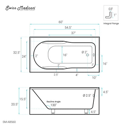 Swiss Madison Concorde 60" x 32" Acrylic Glossy White, Alcove, Integral, Right-Hand Drain, Apron Bathtub
