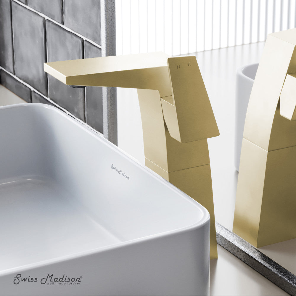 Swiss Madison Carre Single Hole, Single-Handle, High Arc Bathroom Faucet in Brushed Gold
