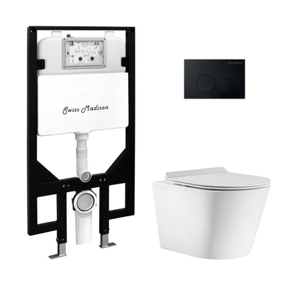 Swiss Madison Calice Wall-Hung Toilet Bundle 0.8/1.6 GPF Dual Flush in Glossy White with Black Flush Plate