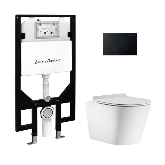 Swiss Madison Calice Wall-Hung Toilet Bundle 0.8/1.6 GPF Dual Flush in Glossy White with Black Flush Plate