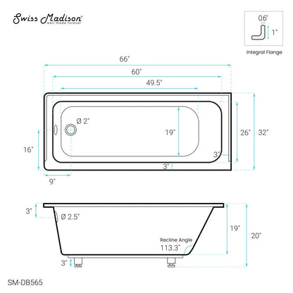 Swiss Madison Voltaire 66" x 32" Left-Hand Drain Alcove Bathtub