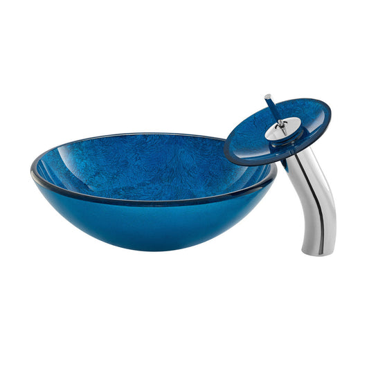 Swiss Madison Cascade 16.5 Glass Vessel Sink with Faucet, Ocean Blue