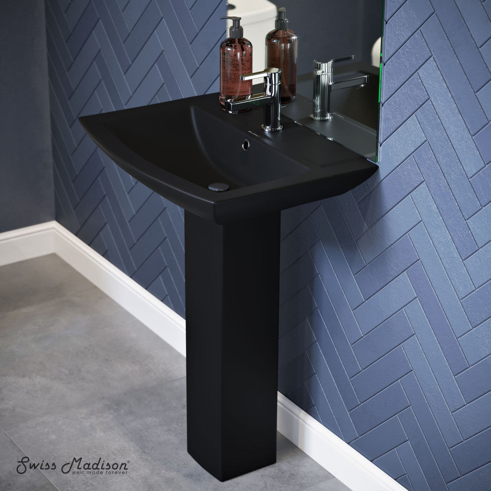 Swiss Madison Sublime Square Two-Piece Pedestal Sink in Matte Black