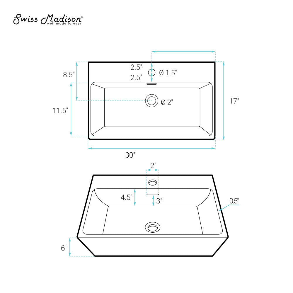 Swiss Madison Claire 30" Rectangle Wall-Mount Bathroom Sink in Matte Black