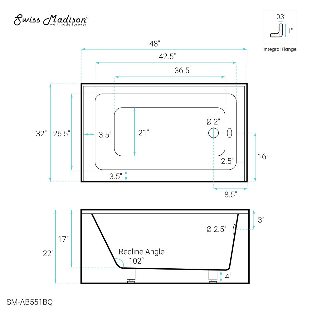 Swiss Madison Voltaire 48" x 32" Right-Hand Drain Alcove Bathtub with Apron in Bisque