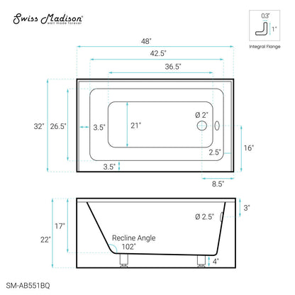 Swiss Madison Voltaire 48" x 32" Right-Hand Drain Alcove Bathtub with Apron in Bisque