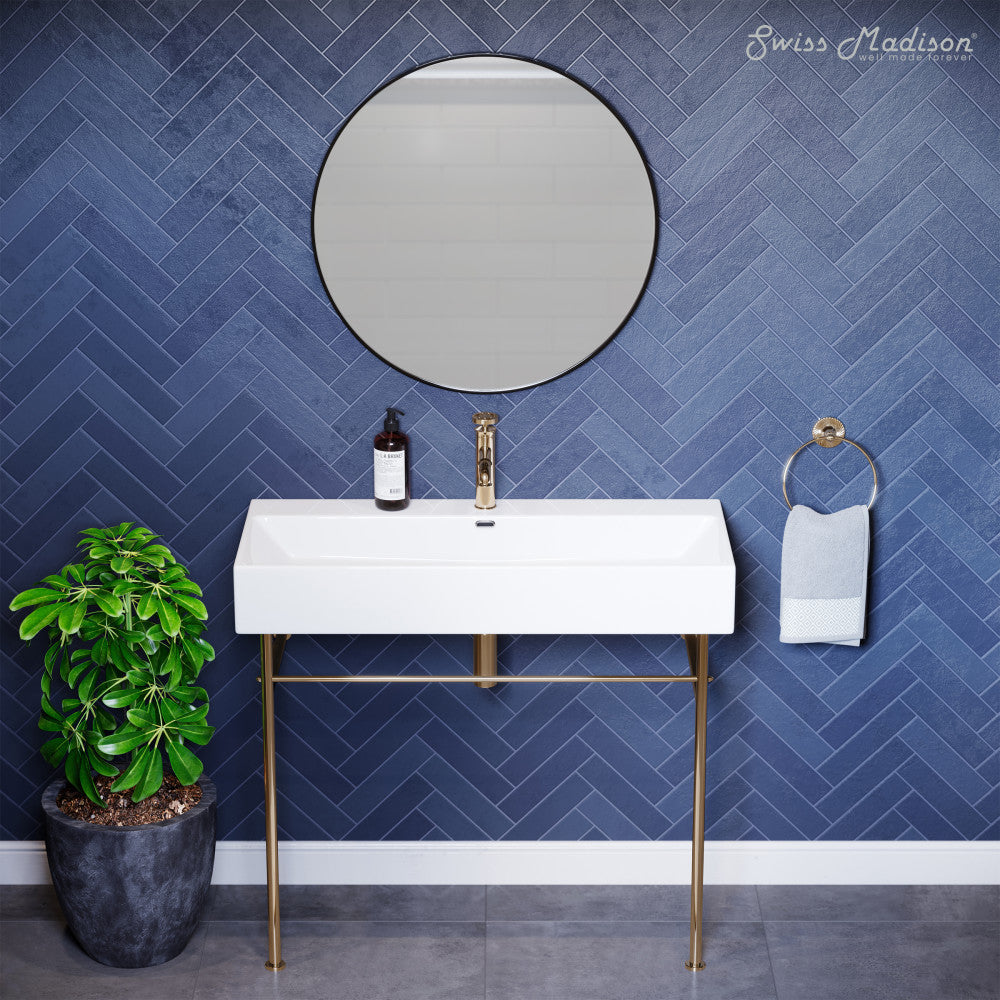 Swiss Madison Claire 40 Ceramic Console Sink White Basin Gold Legs