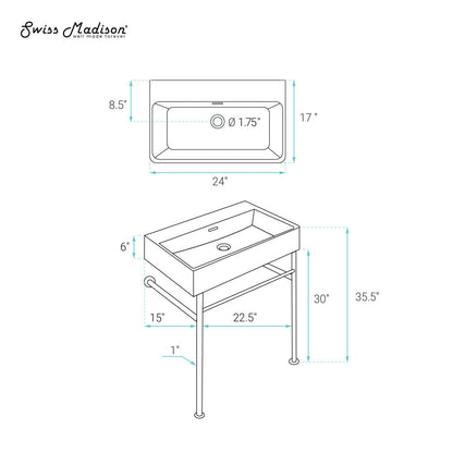 Swiss Madison Claire 24" Rectangle Matte Black Zero Hole Console Sink with Matte White Legs