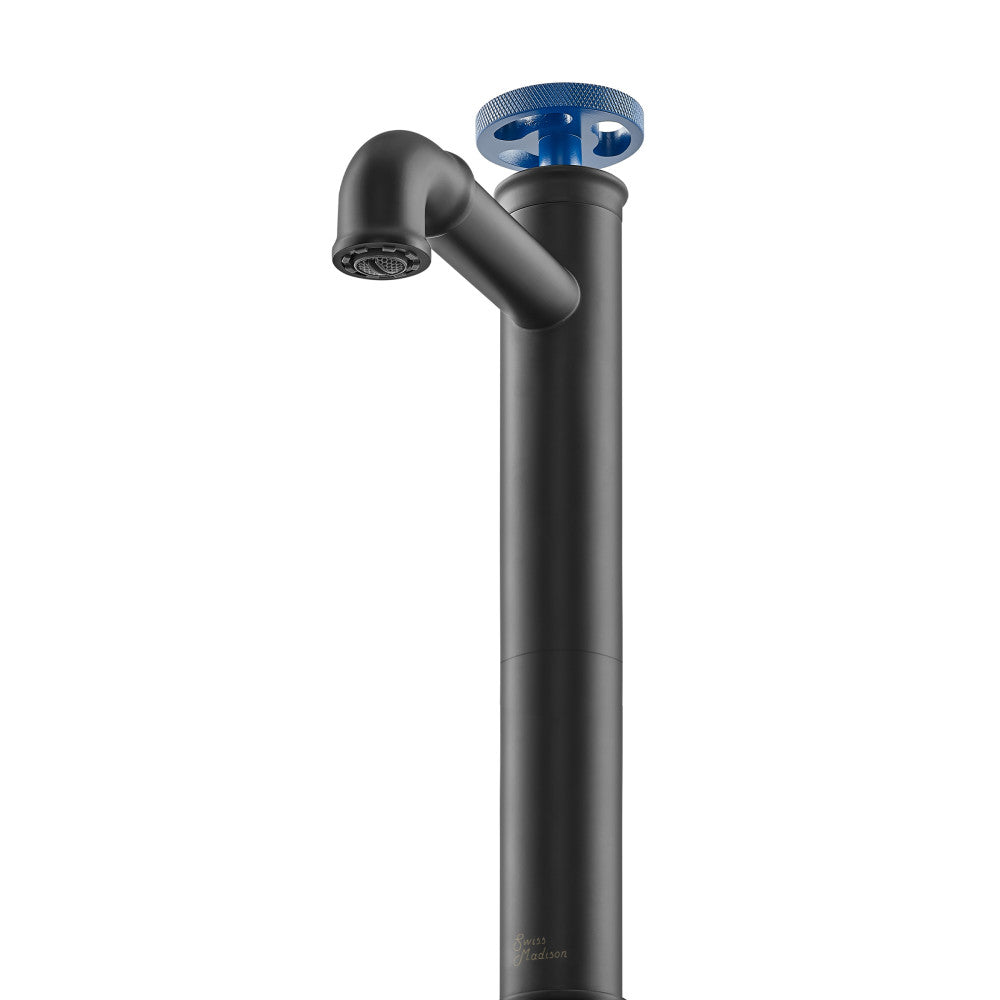 Swiss Madison Avallon Single Hole, Single-Handle Wheel, High Arc Bathroom Faucet in Matte Black with Blue Handles