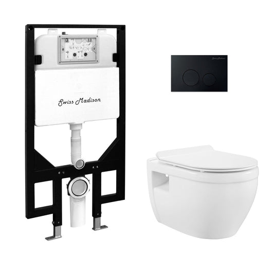 Swiss Madison Ivy Wall-Hung Toilet Bundle 0.8/1.6 GPF Dual Flush in Glossy White with Black Flush Plate