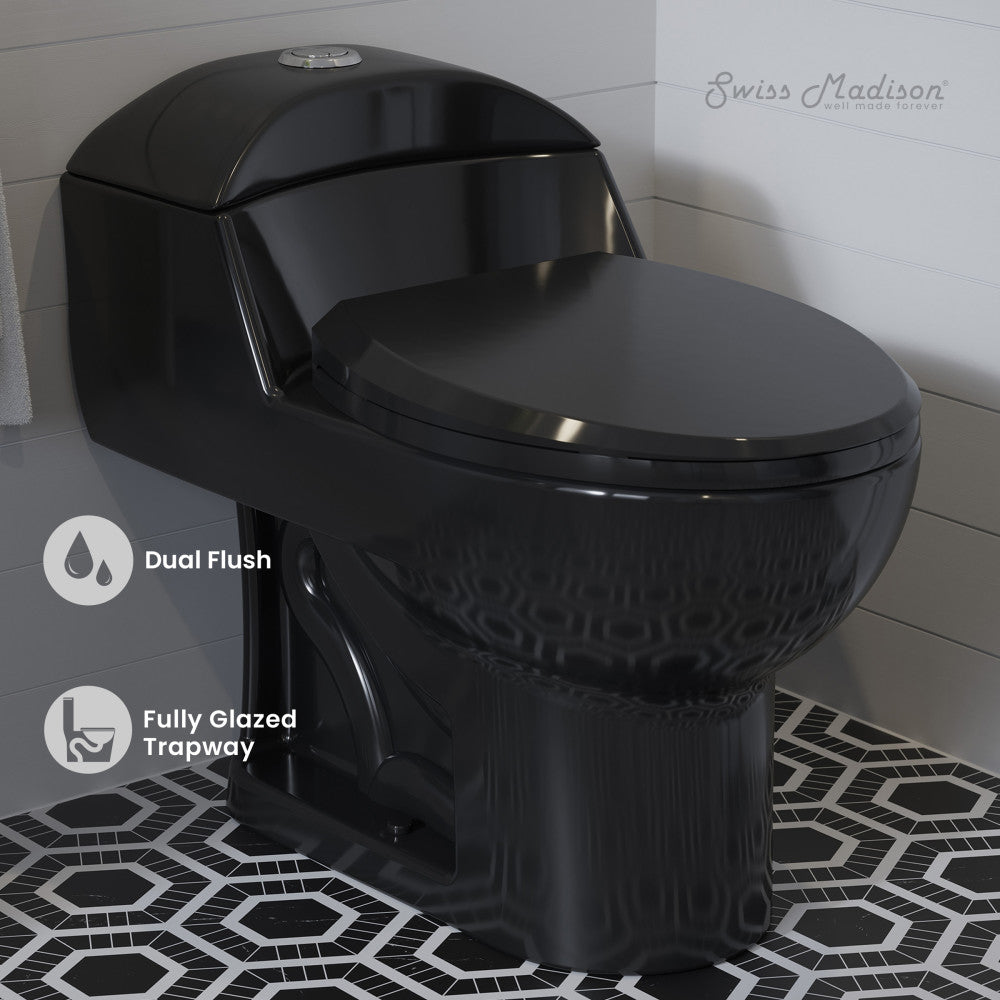 Swiss Madison Chateau One-Piece Elongated Toilet Dual-Flush in Glossy Black 1.1/1.6 gpf