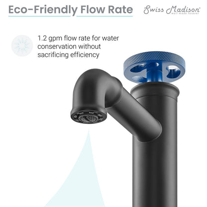 Swiss Madison Avallon Single Hole, Single-Handle Wheel, High Arc Bathroom Faucet in Matte Black with Blue Handles