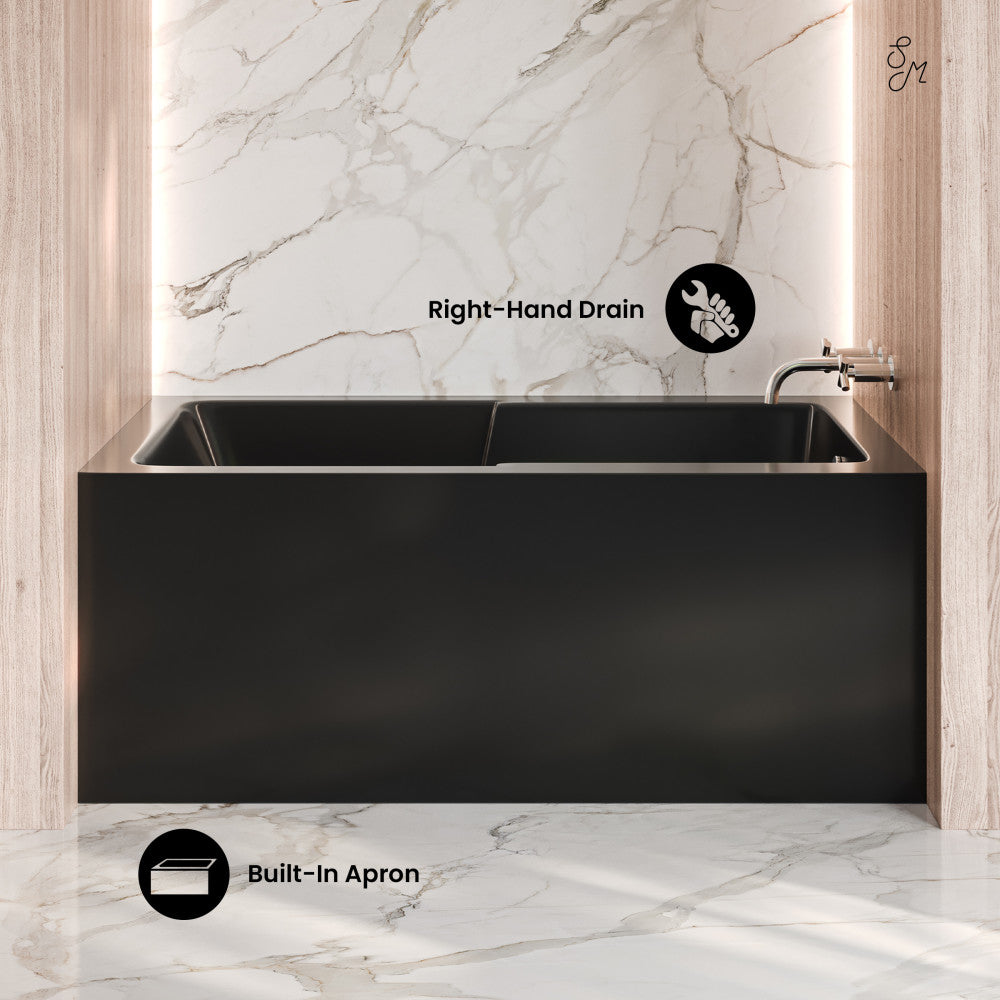 Swiss Madison Voltaire 54 x 30 Skirted Right Drain Soaking Apron Bathtub in Glossy Black with Integrated Armrest