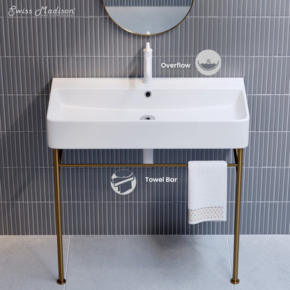 Swiss Madison Carre 36 Ceramic Console Sink White Basin Brushed Gold Legs