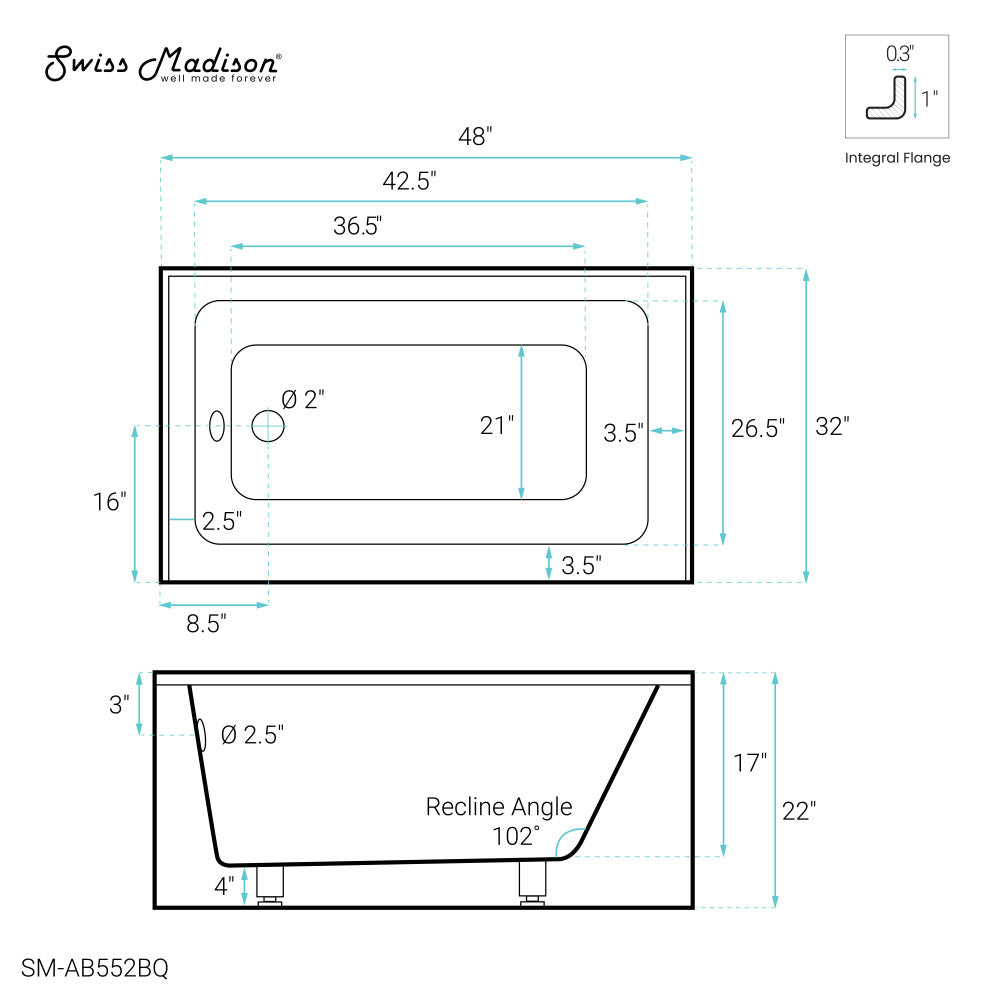 Swiss Madison Voltaire 48" x 32" Left-Hand Drain Alcove Bathtub with Apron in Bisque