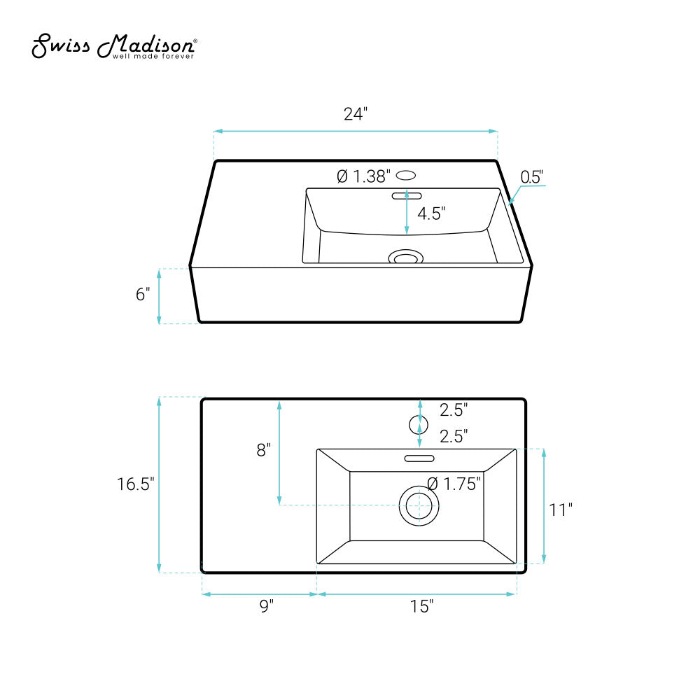 Swiss Madison St. Tropez 24 x 18 Ceramic Wall Hung Sink with Right Side Mount, Matte Black