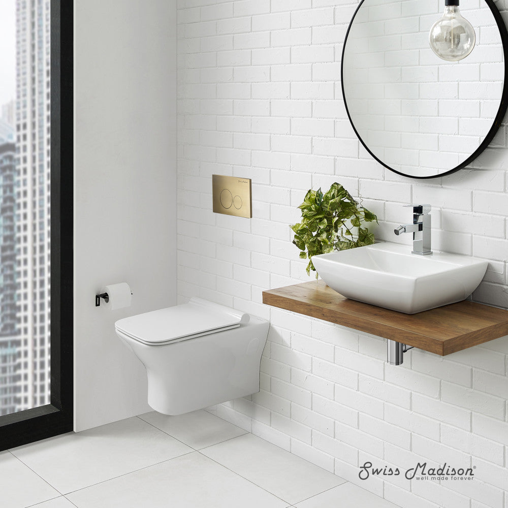 Swiss Madison Carre Wall-Hung Toilet Bundle 0.8/1.6 GPF Dual Flush in Glossy White with Brass Flush Plate