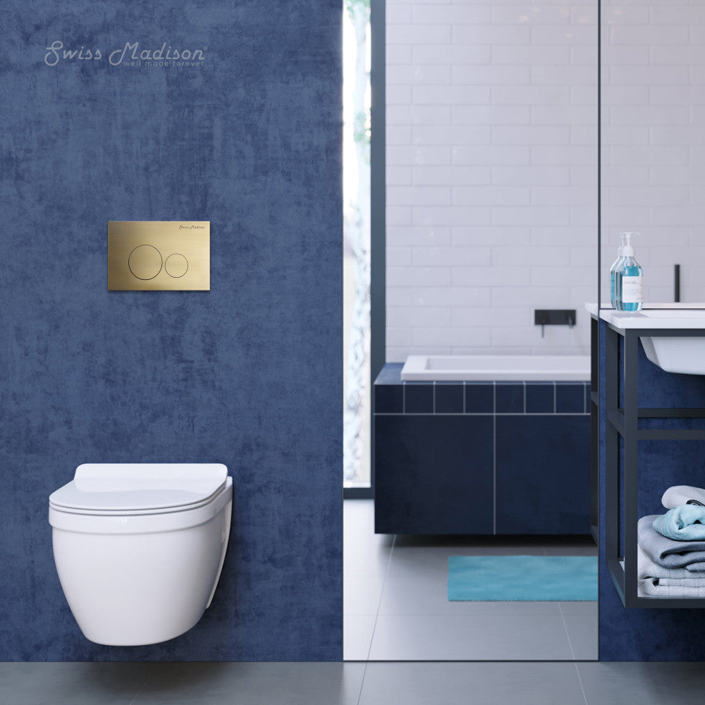 Swiss Madison Ivy Wall-Hung Toilet Bundle 0.8/1.6 GPF Dual Flush in Glossy White with Brass Flush Plate
