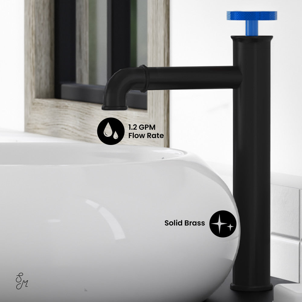 Swiss Madison Avallon Single Hole, Single-Handle Wheel, High Arc Bathroom Faucet in Matte Black with Blue Handles