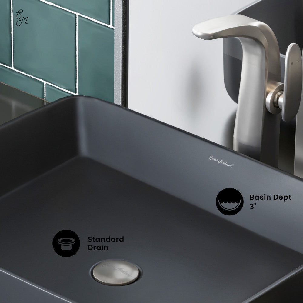 Swiss Madison Concorde Rectangle Ceramic Vessel Sink, Matte Black
