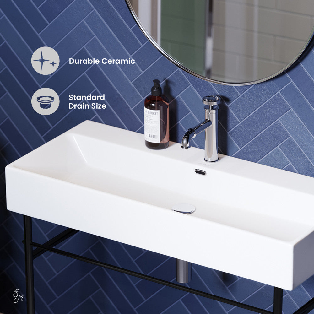 Swiss Madison Claire 40 Ceramic Console Sink White Basin Black Legs
