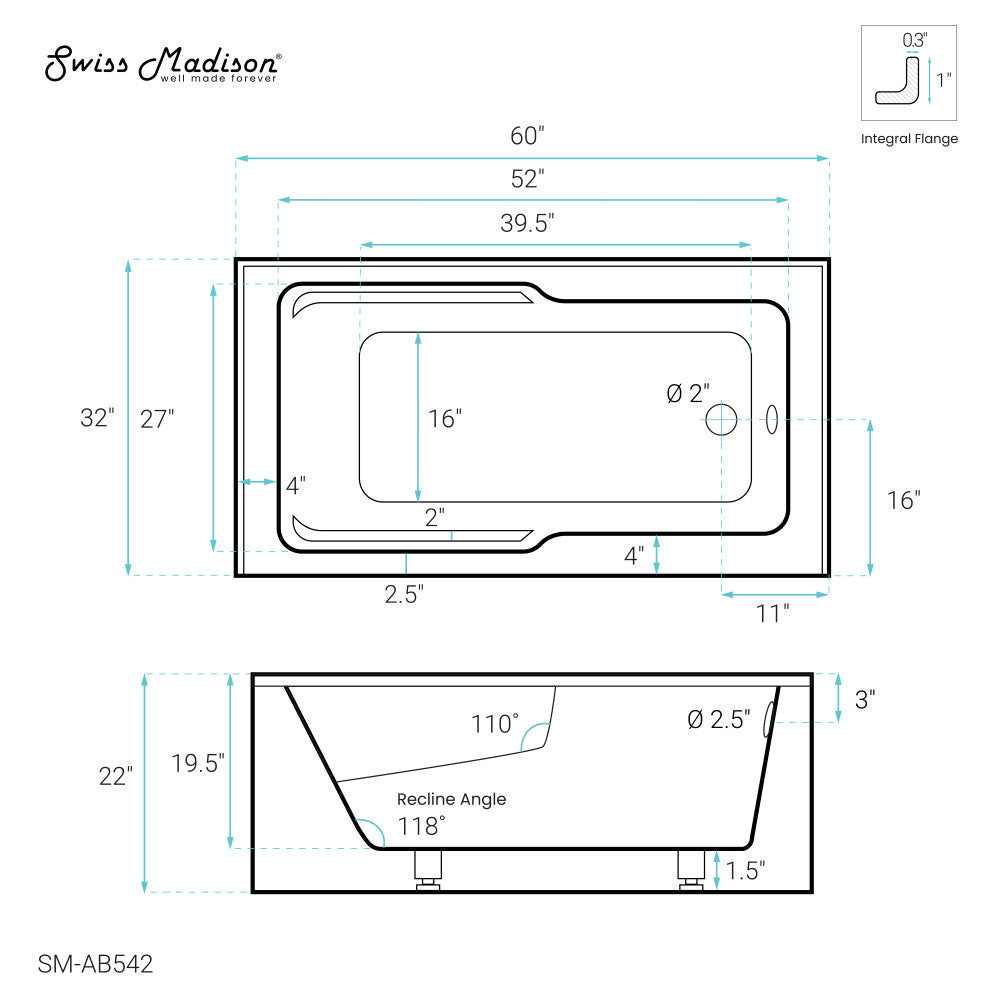 Swiss Madison Voltaire 60" x 32" Right-Hand Drain Alcove Bathtub with Apron and Armrest