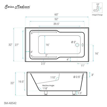 Swiss Madison Voltaire 60" x 32" Right-Hand Drain Alcove Bathtub with Apron and Armrest