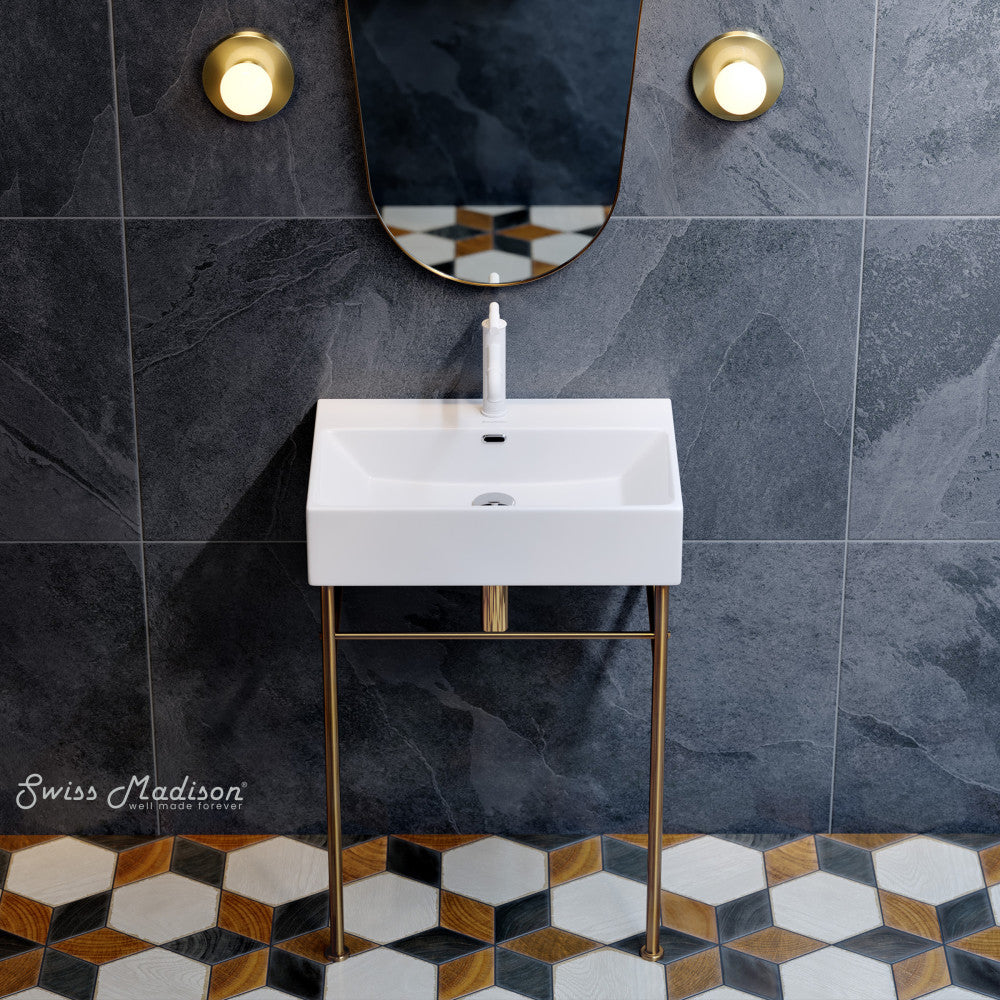 Swiss Madison Claire 24 Ceramic Console Sink White Basin Brushed Gold Legs