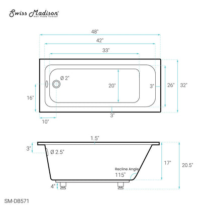 Swiss Madison Voltaire 48" x 32" Reversible Drain Drop-In Bathtub