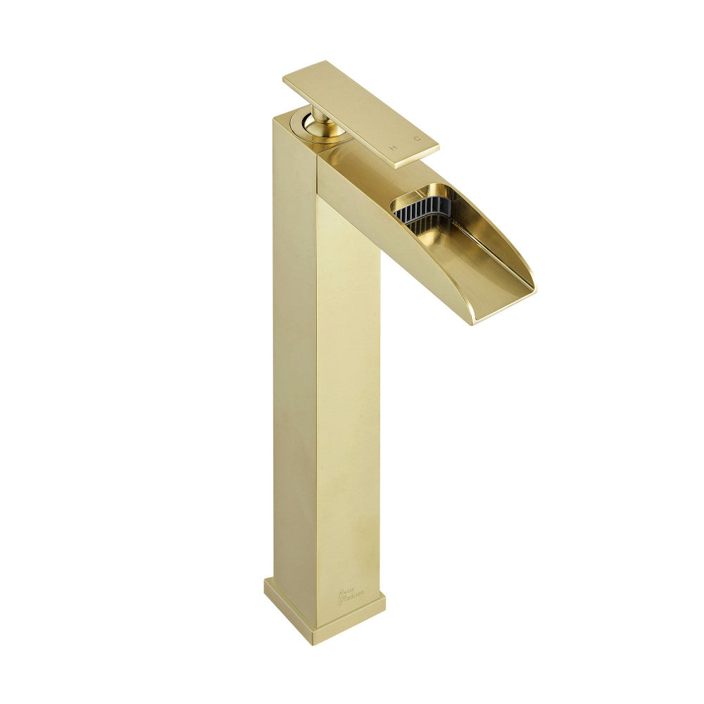 Swiss Madison Concorde Single Hole, Single-Handle, High Arc Waterfall, Bathroom Faucet in Brushed Gold