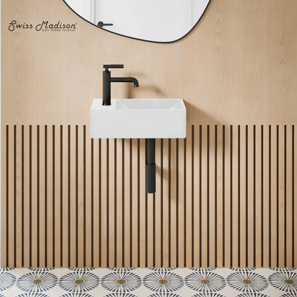 Swiss Madison Lisse 16" Concrete Rectangle Wall-Mounted Sink with Left Side Faucet Mount in Matte White