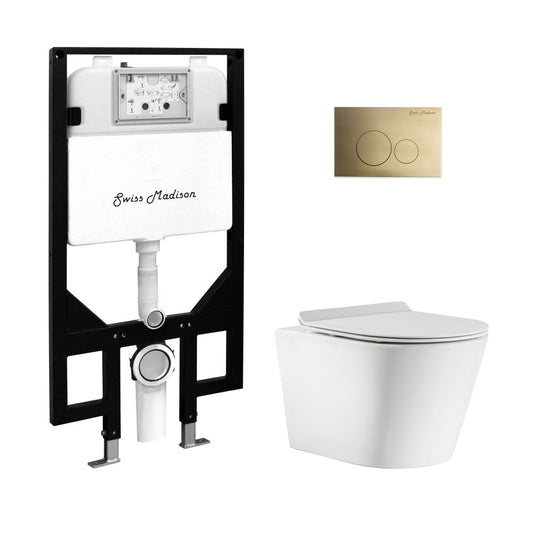 Swiss Madison Calice Wall-Hung Toilet Bundle 0.8/1.6 GPF Dual Flush in Glossy White with Brass Flush Plate