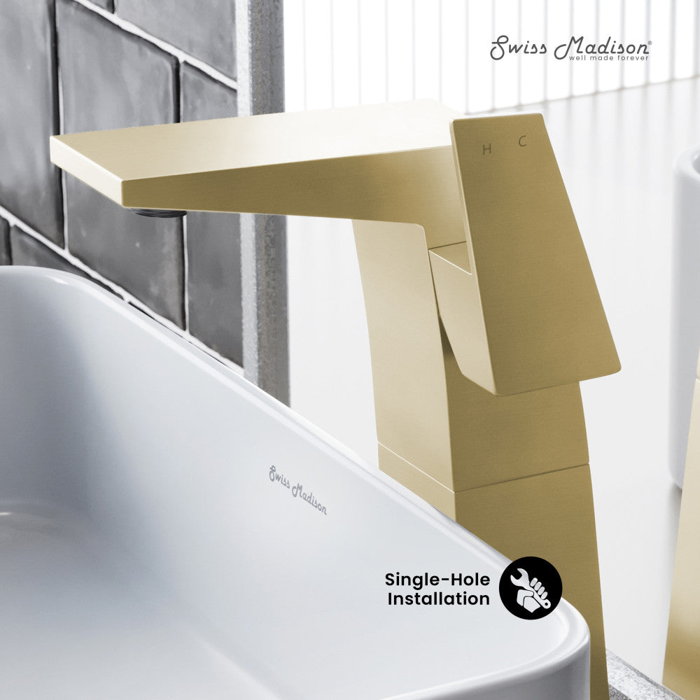 Swiss Madison Carre Single Hole, Single-Handle, High Arc Bathroom Faucet in Brushed Gold