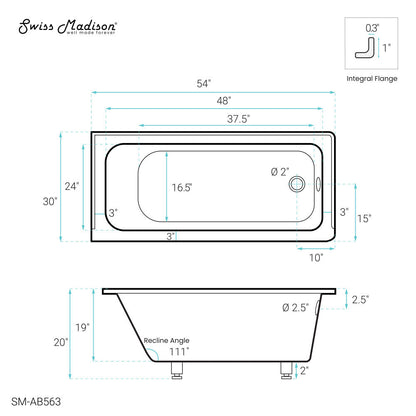 Swiss Madison Voltaire 54 x 30 Right Drain Soaking Alcove Bathtub in Glossy White