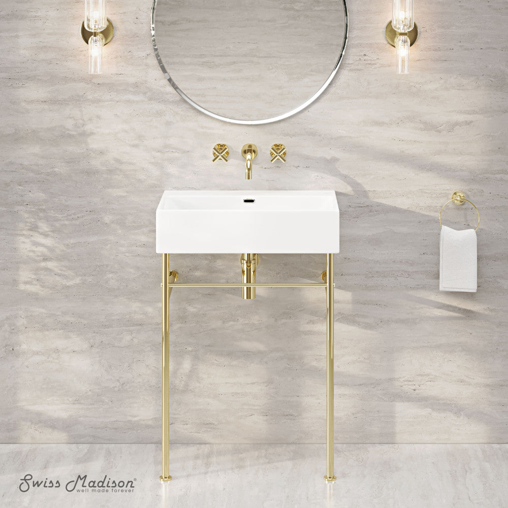 Swiss Madison Claire 24" Rectangle Zero Hole Console Sink with Glossy Gold Legs
