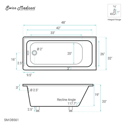 Swiss Madison Voltaire 48" x 32" Left-Hand Drain Alcove Bathtub