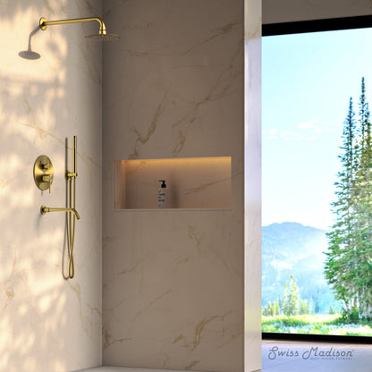 Swiss Madison Ivy 1.8 GPM Wall Mount Fixed Shower Head with Hand Sprayer and Tub Filler in Brushed Gold, Valve Included