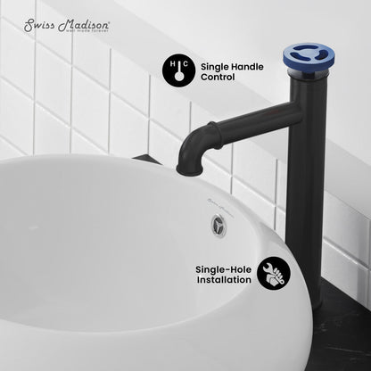 Swiss Madison Avallon Single Hole, Single-Handle Wheel, High Arc Bathroom Faucet in Matte Black with Blue Handles