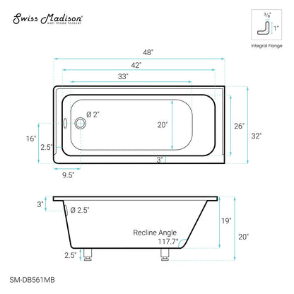 Swiss Madison Voltaire 48" x 32" Left-Hand Drain Alcove Bathtub in Matte Black
