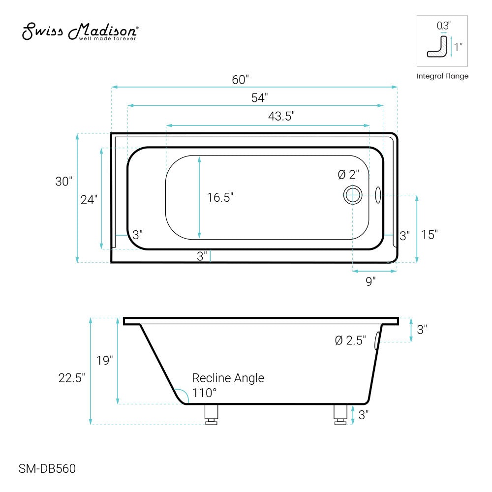 Swiss Madison Voltaire 60" x 30" Right-Hand Drain Alcove Bathtub