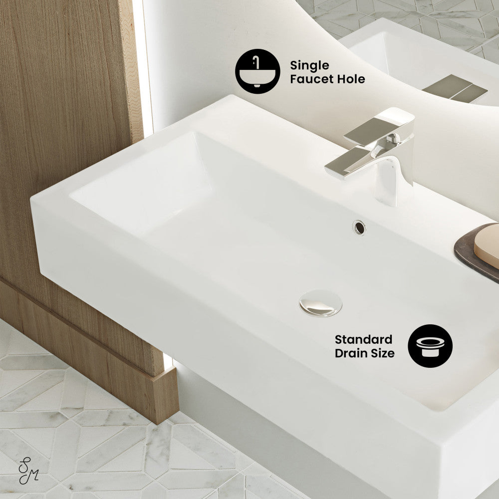 Swiss Madison Voltaire Wide Rectangle Wall-Mount Sink in Shiny White