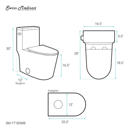 Swiss Madison Dreux One-Piece 12" Rough-in 1.28 GPF Left Flush Elongated Toilet in Matte Black