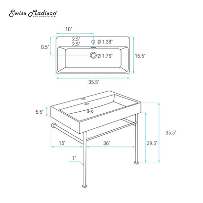 Swiss Madison Carre 36 Ceramic Console Sink Matte Black Basin Chrome Legs