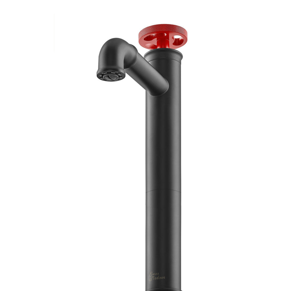 Swiss Madison Avallon Single Hole, Single-Handle Wheel, High Arc Bathroom Faucet in Matte Black with Red Handles