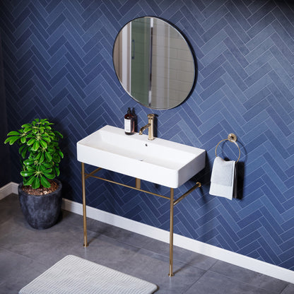 Swiss Madison Carre 36 Ceramic Console Sink White Basin Gold Legs