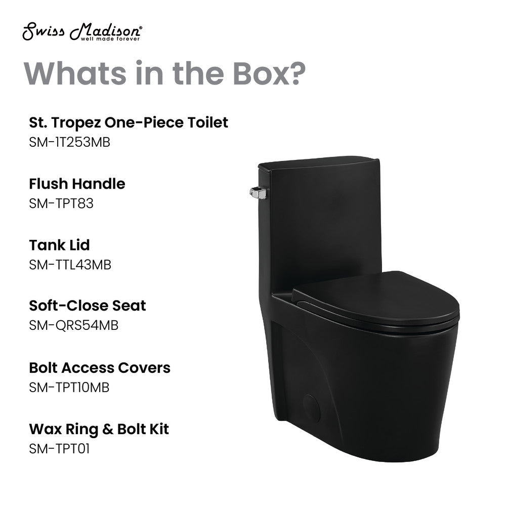 Swiss Madison St. Tropez One-Piece Elongated Toilet Left Side Vortex Flush Handle in Matte Black 1.28 gpf