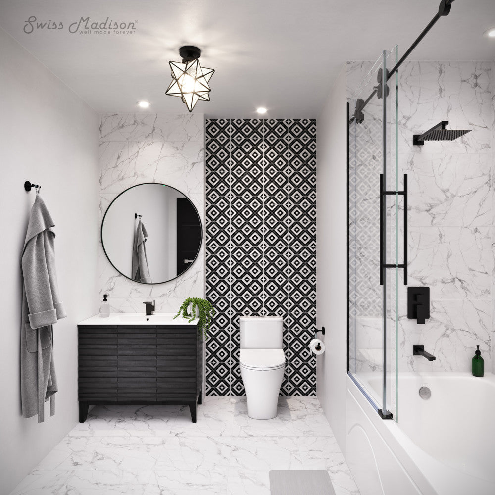 Swiss Madison Ivy 54 x 30 Skirted Left Drain Soaking Alcove Bathtub in Glossy White with Integrated Armrest
