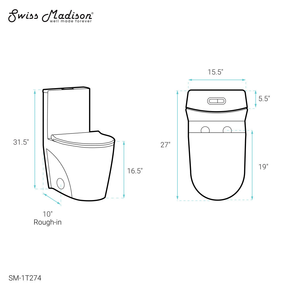 Swiss Madison St. Tropez One Piece Elongated Toilet Dual Vortex Flush 1.1/1.6 gpf with 10" Rough In